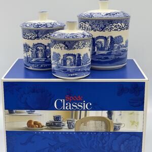 Spode Blue Italian Canister Set 3pc Vintage Classic New in Box Unused